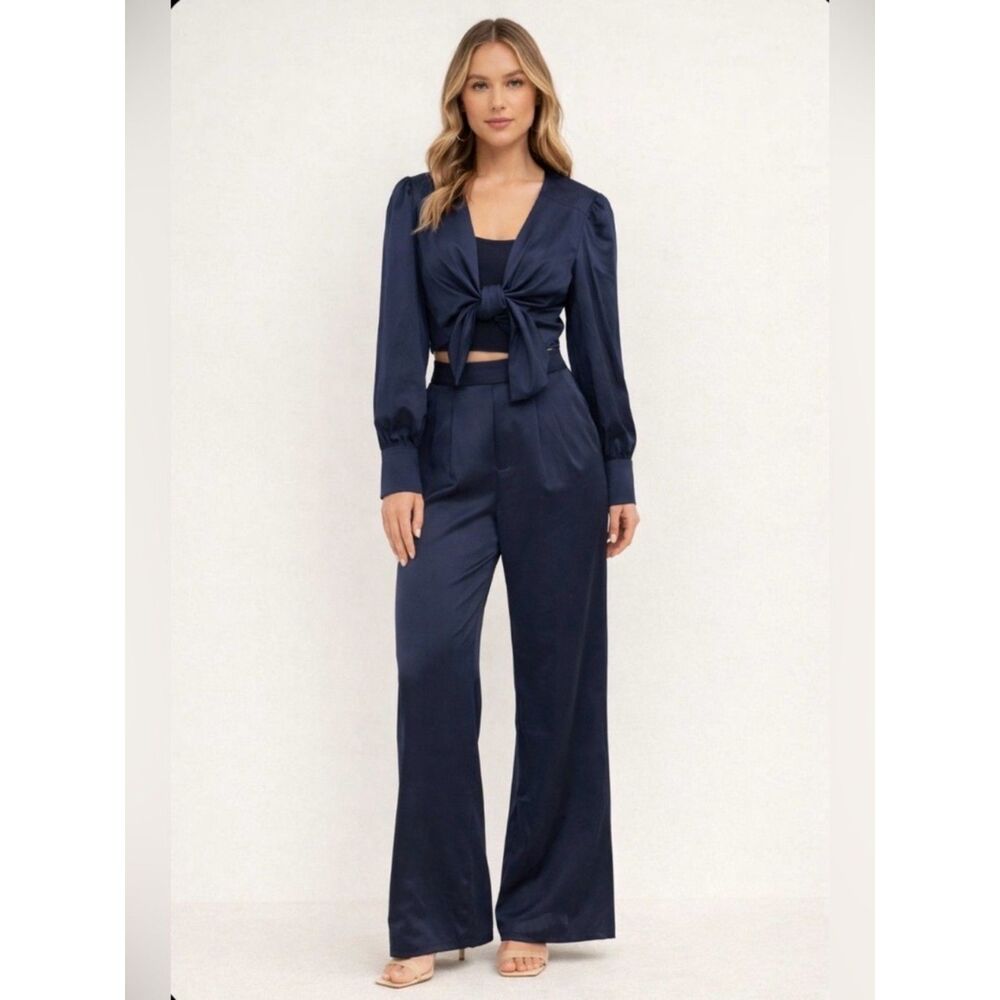 WAYF Pantsuit 2 Piece Satin Crop Tie Top Wide Leg Pants Navy Blue Large